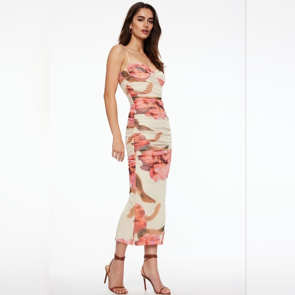 Dynamite Dresses & Skirts - Dynamite Womens Feminine Pink Ruched Mesh Floral Maxi Dress - Size Small